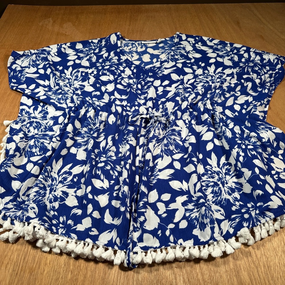 Susan Graver Kaftan Top Women Large Blue Floral Tassel Fringe Drawstring Waist